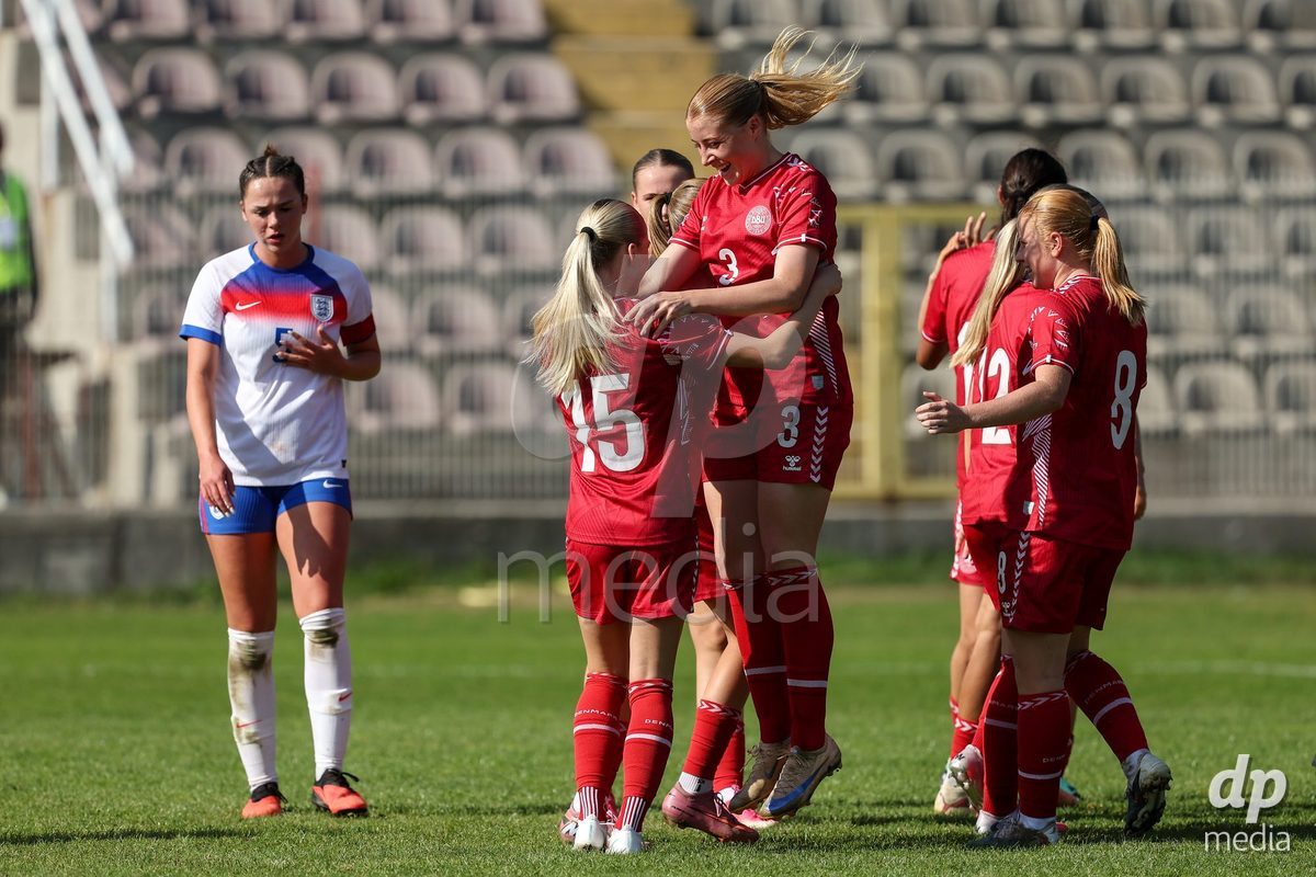 KAKANJ, BOSNIA AND HERZEGOVINA - OCTOBER 7: Asta Kynde and Frederikke Ludvigsen of Denmark during the UEFA Womens European Under-19 Qualifier match between England and Denmark at Mladost Stadium on October 7, 2026 in Kakanj, Bosnia and Herzegovina.