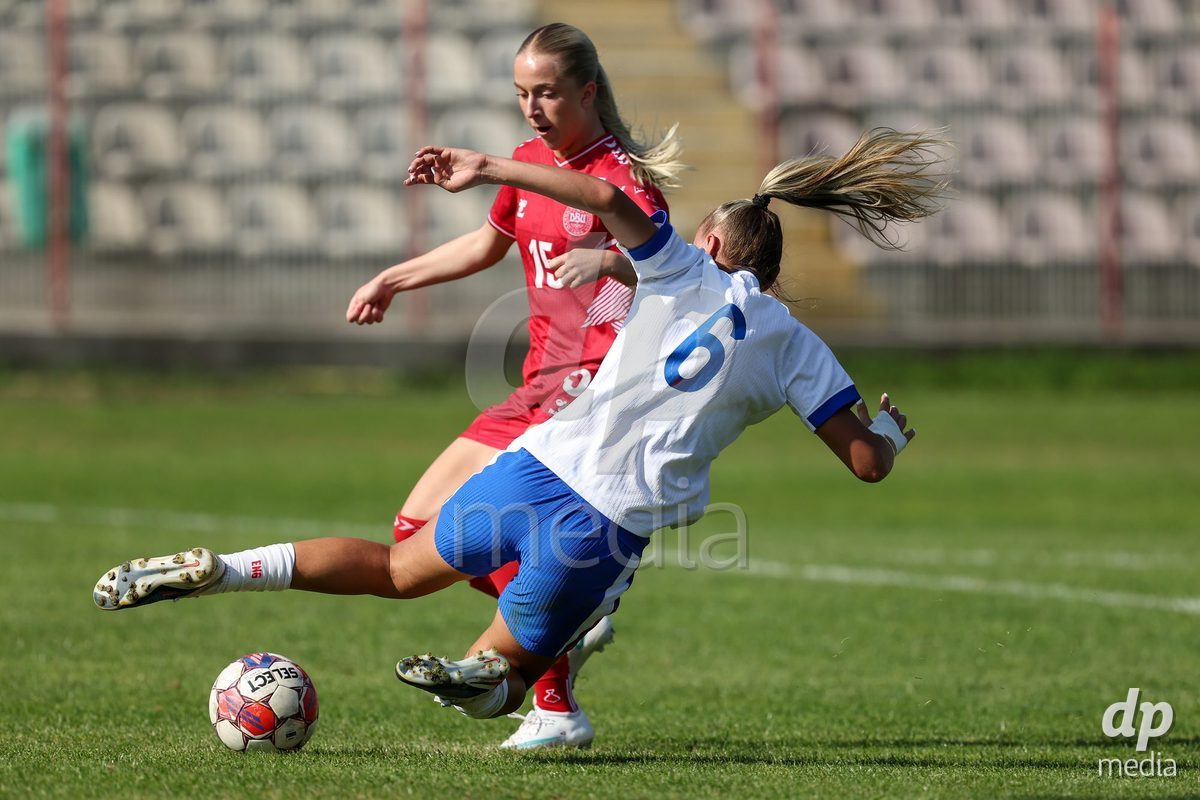 KAKANJ, BOSNIA AND HERZEGOVINA - OCTOBER 7: Frederikke Ludvigsen of Denmark and Zara Bailey of England during the UEFA Womens European Under-19 Qualifier match between England and Denmark at Mladost Stadium on October 7, 2026 in Kakanj, Bosnia and Herzegovina.
