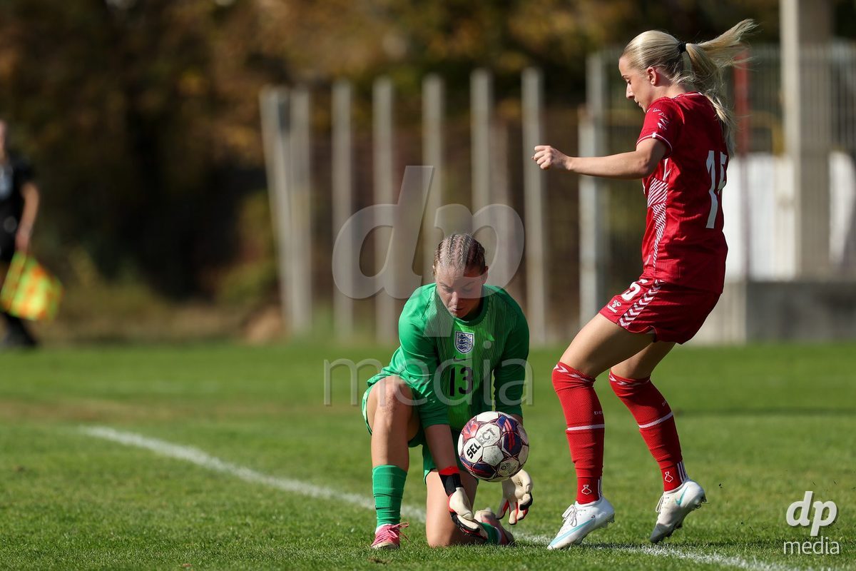 KAKANJ, BOSNIA AND HERZEGOVINA - OCTOBER 7: Evie Mitchell of England and Frederikke Ludvigsen of Denmark during the UEFA Womens European Under-19 Qualifier match between England and Denmark at Mladost Stadium on October 7, 2026 in Kakanj, Bosnia and Herzegovina.