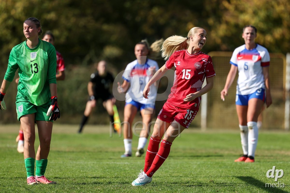 KAKANJ, BOSNIA AND HERZEGOVINA - OCTOBER 7: Evie Mitchell of England and Frederikke Ludvigsen of Denmark during the UEFA Womens European Under-19 Qualifier match between England and Denmark at Mladost Stadium on October 7, 2026 in Kakanj, Bosnia and Herzegovina.