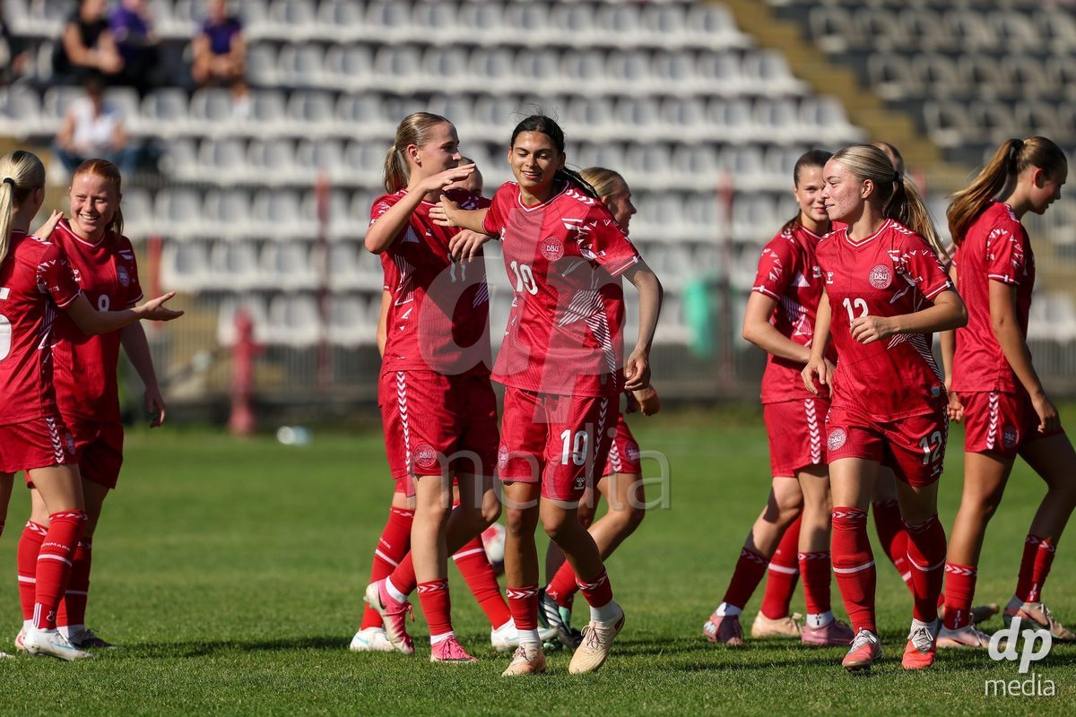 KAKANJ, BOSNIA AND HERZEGOVINA - OCTOBER 7: Andrea Thierry and Mila Bischoff of Denmark during the UEFA Womens European Under-19 Qualifier match between England and Denmark at Mladost Stadium on October 7, 2026 in Kakanj, Bosnia and Herzegovina.
