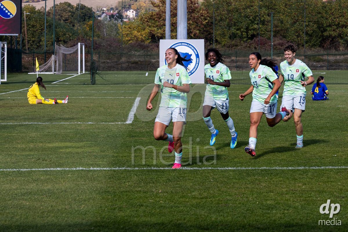 ZENICA, BOSNIA AND HERZEGOVINA - OCTOBER 7: Olivia Edelmann, Garance Nein, Jasmin Bornemann and Lynn Leutwyler of Switzerland during the UEFA Womens European Under-19 Qualifier match between Switzerland and Bosnia and Herzegovina at FF BH Football Training Centre on October 7, 2026 in Zenica, Bosnia and Herzegovina.