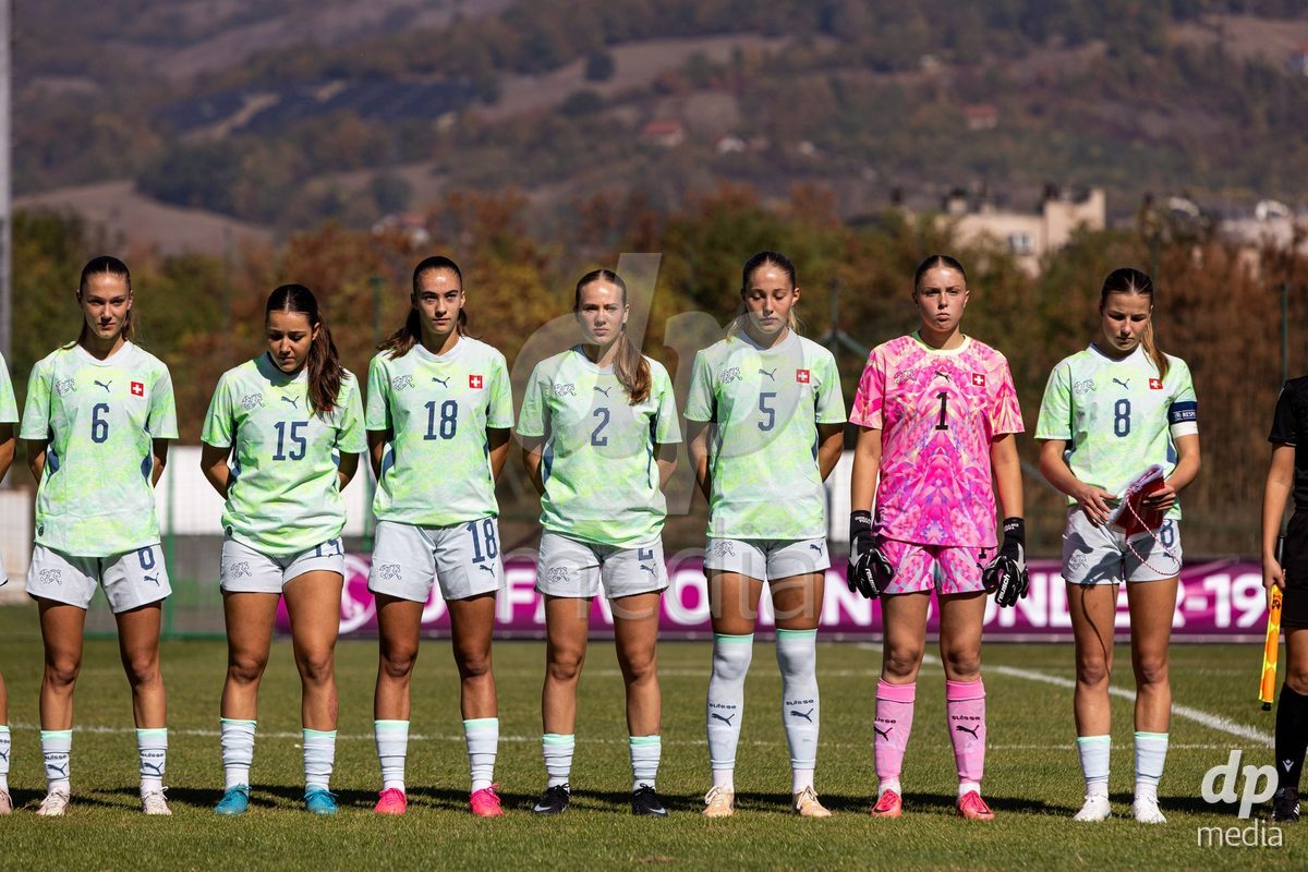ZENICA, BOSNIA AND HERZEGOVINA - OCTOBER 7: Joya Kamber, Laura Kott Luzon, Olivia Edelmann, Liel Rickenbach, Johanna Thüer, Yara Zwyssig and Giulia Looser  of Switzerland during the UEFA Womens European Under-19 Qualifier match between Switzerland and Bosnia and Herzegovina at FF BH Football Training Centre on October 7, 2026 in Zenica, Bosnia and Herzegovina.