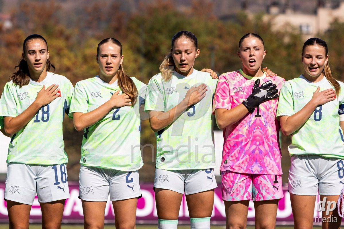 ZENICA, BOSNIA AND HERZEGOVINA - OCTOBER 7: Olivia Edelmann, Liel Rickenbach, Johanna Thüer, Yara Zwyssig and Giulia Looser  of Switzerland during the UEFA Womens European Under-19 Qualifier match between Switzerland and Bosnia and Herzegovina at FF BH Football Training Centre on October 7, 2026 in Zenica, Bosnia and Herzegovina.