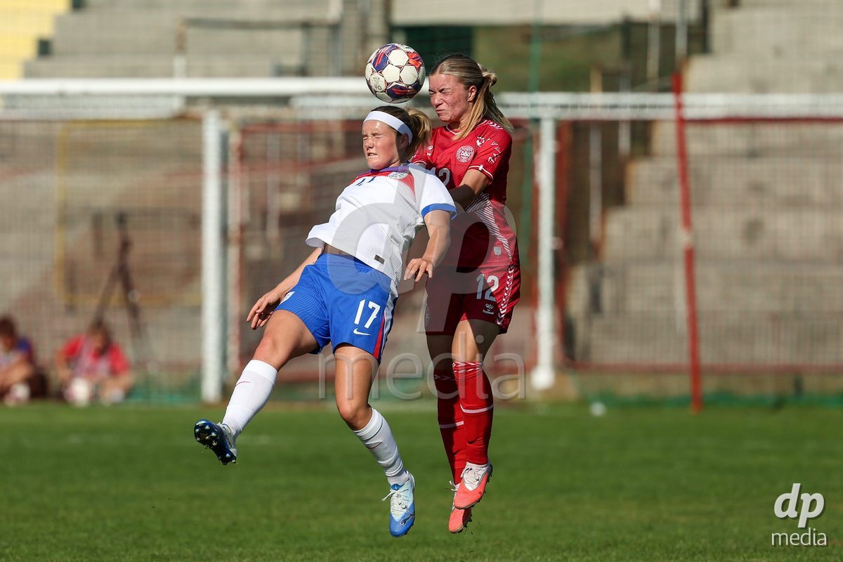 KAKANJ, BOSNIA AND HERZEGOVINA - OCTOBER 7: Isabel Hebard of England and Evelina Thygesen of Denmark during the UEFA Womens European Under-19 Qualifier match between England and Denmark at Mladost Stadium on October 7, 2026 in Kakanj, Bosnia and Herzegovina.