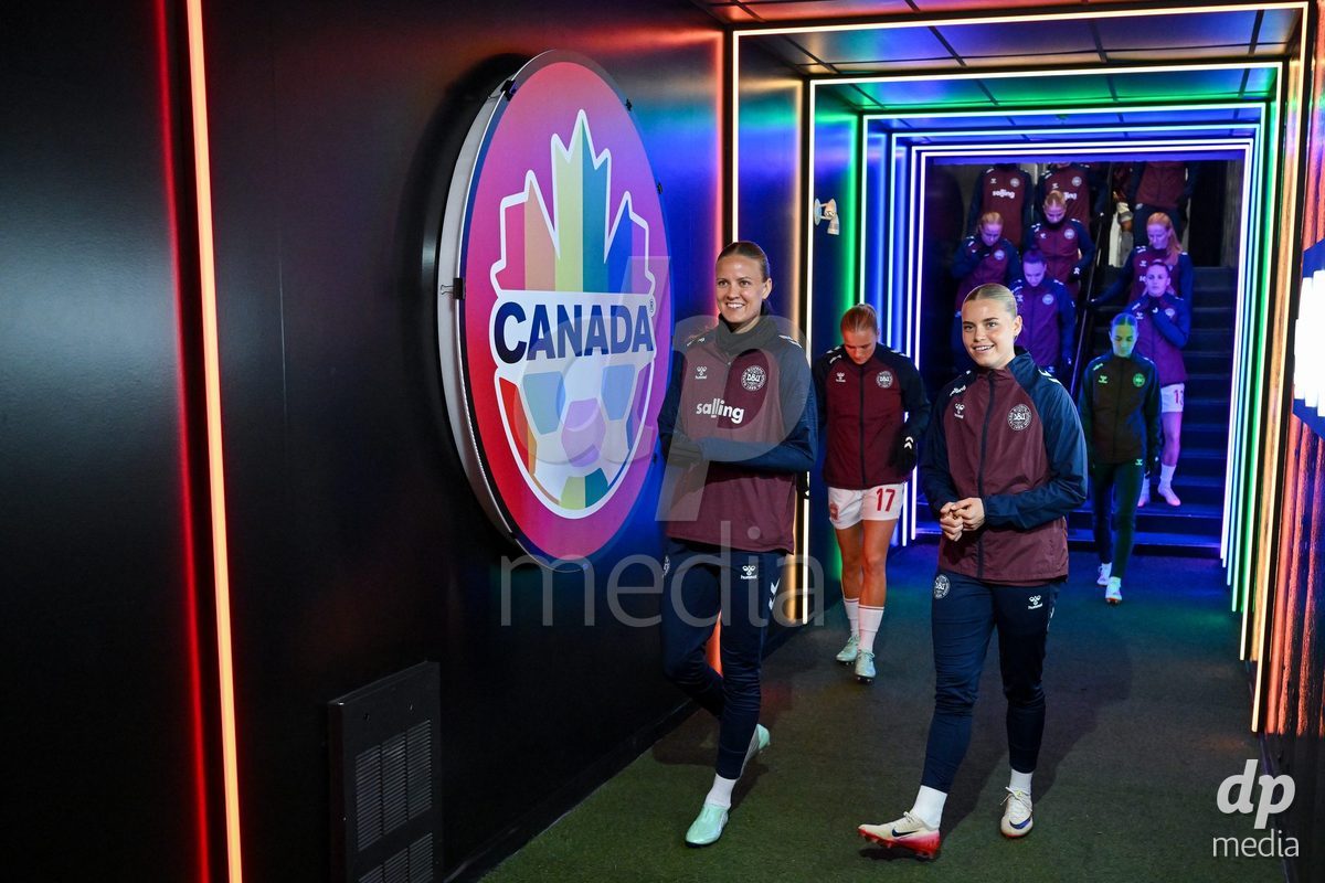 MONTREAL, CANADA - OCTOBER 9: Players of Denmark during warm up prior to the International Women's Friendly football match between Canada and Denmark at Stade Saputo on October 9, 2026 in Montreal, Canada.