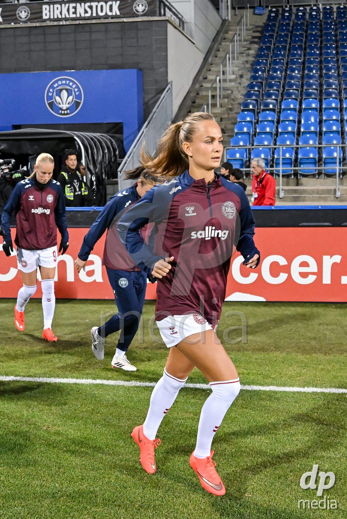 MONTREAL, CANADA - OCTOBER 9: Players of Denmark during warm up prior to the International Women's Friendly football match between Canada and Denmark at Stade Saputo on October 9, 2026 in Montreal, Canada.