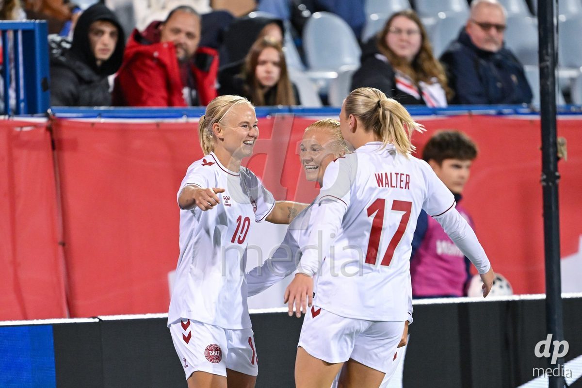 MONTREAL, CANADA - OCTOBER 9: Pernille Harder of Denmark celebrates with teammates after scoring her teams first goal during the International Women's Friendly football match between Canada and Denmark at Stade Saputo on October 9, 2026 in Montreal, Canada.