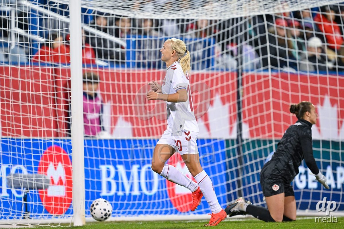 MONTREAL, CANADA - OCTOBER 9: Pernille Harder of Denmark celebrates after scoring her teams first goal during the International Women's Friendly football match between Canada and Denmark at Stade Saputo on October 9, 2026 in Montreal, Canada.