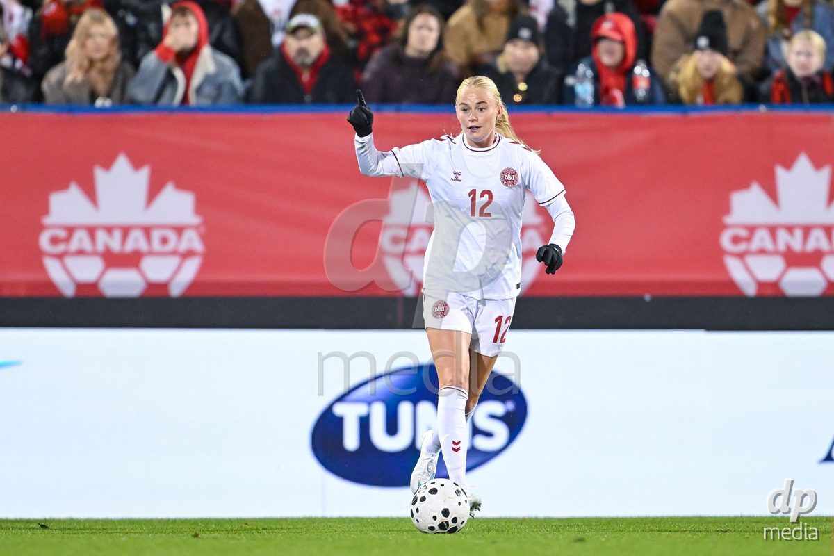 MONTREAL, CANADA - OCTOBER 9: Kathrine Kuhl of Denmark controls the ball during the International Women's Friendly football match between Canada and Denmark at Stade Saputo on October 9, 2026 in Montreal, Canada.