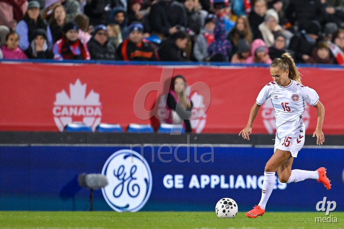 MONTREAL, CANADA - OCTOBER 9: Frederikke Thogersen of Denmark controls the ball during the International Women's Friendly football match between Canada and Denmark at Stade Saputo on October 9, 2026 in Montreal, Canada.