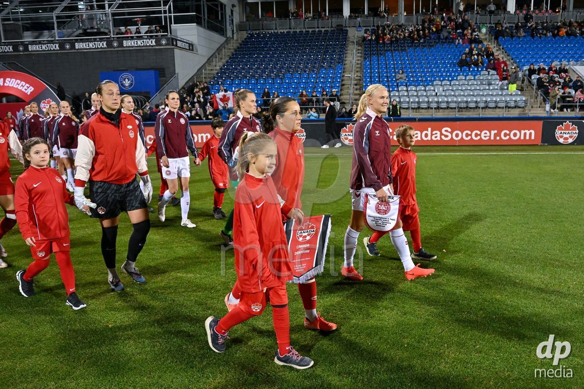 MONTREAL, CANADA - OCTOBER 9: Walkout prior to the International Women's Friendly football match between Canada and Denmark at Stade Saputo on October 9, 2026 in Montreal, Canada.