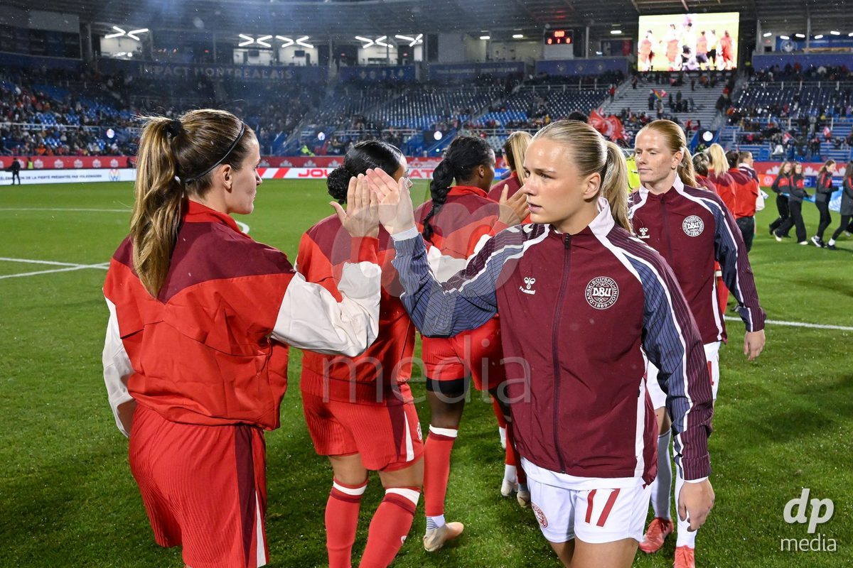 MONTREAL, CANADA - OCTOBER 9: Players of Denmark walk in for the national anthem prior to the International Women's Friendly football match between Canada and Denmark at Stade Saputo on October 9, 2026 in Montreal, Canada.