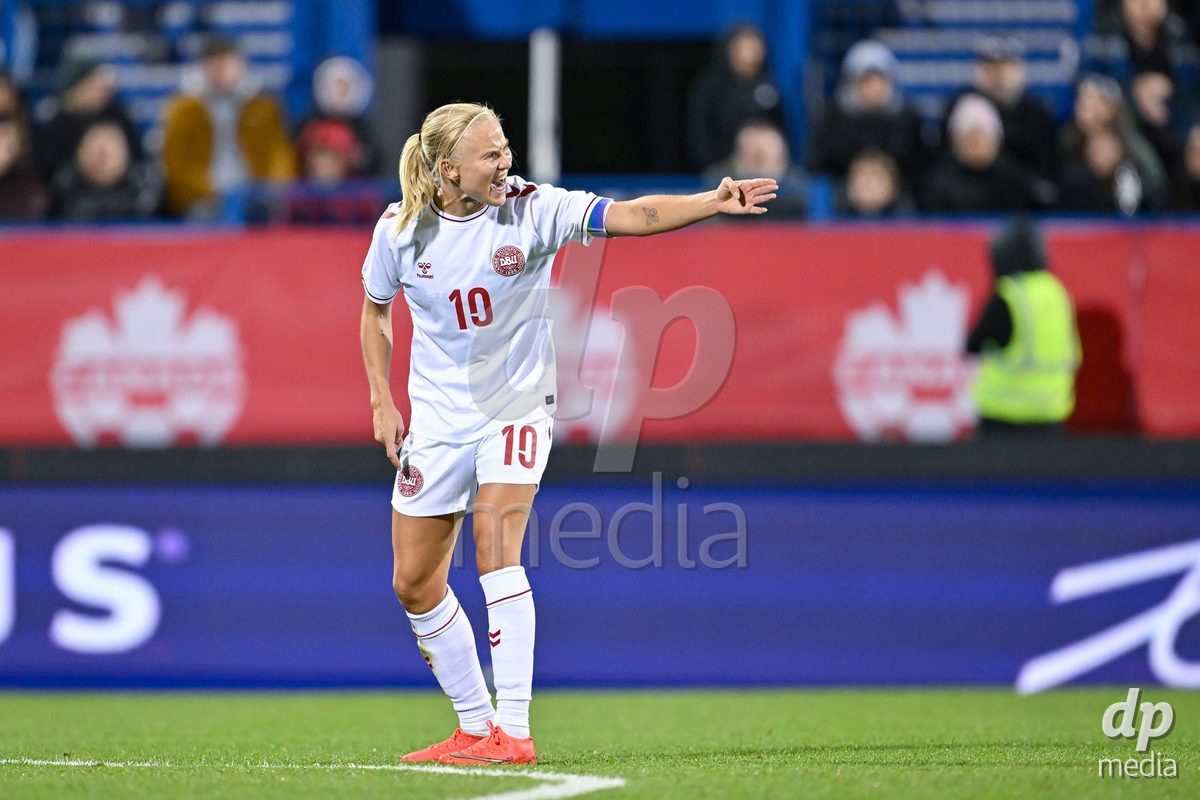 MONTREAL, CANADA - OCTOBER 9: Captain Pernille Harder of Denmark reacts during the International Women's Friendly football match between Canada and Denmark at Stade Saputo on October 9, 2026 in Montreal, Canada.