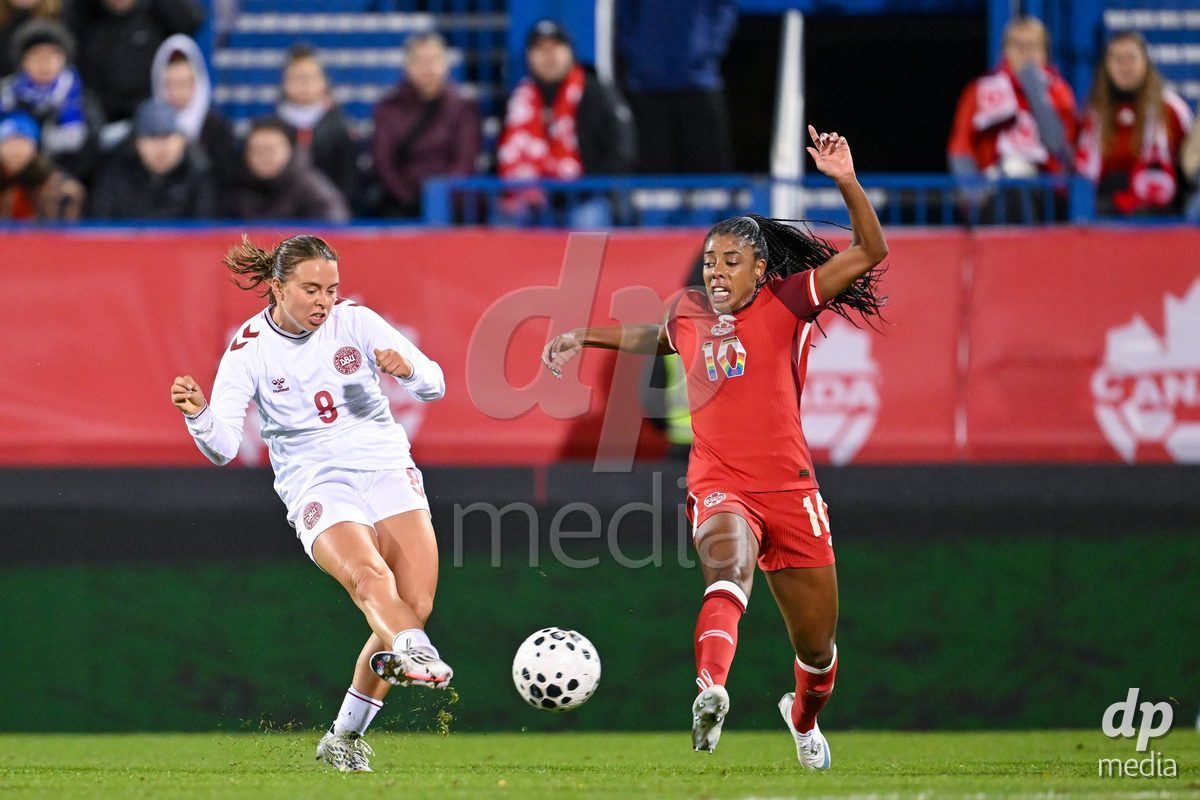 MONTREAL, CANADA - OCTOBER 9: Emma Snerle of Denmark shoots the ball during the International Women's Friendly football match between Canada and Denmark at Stade Saputo on October 9, 2026 in Montreal, Canada.