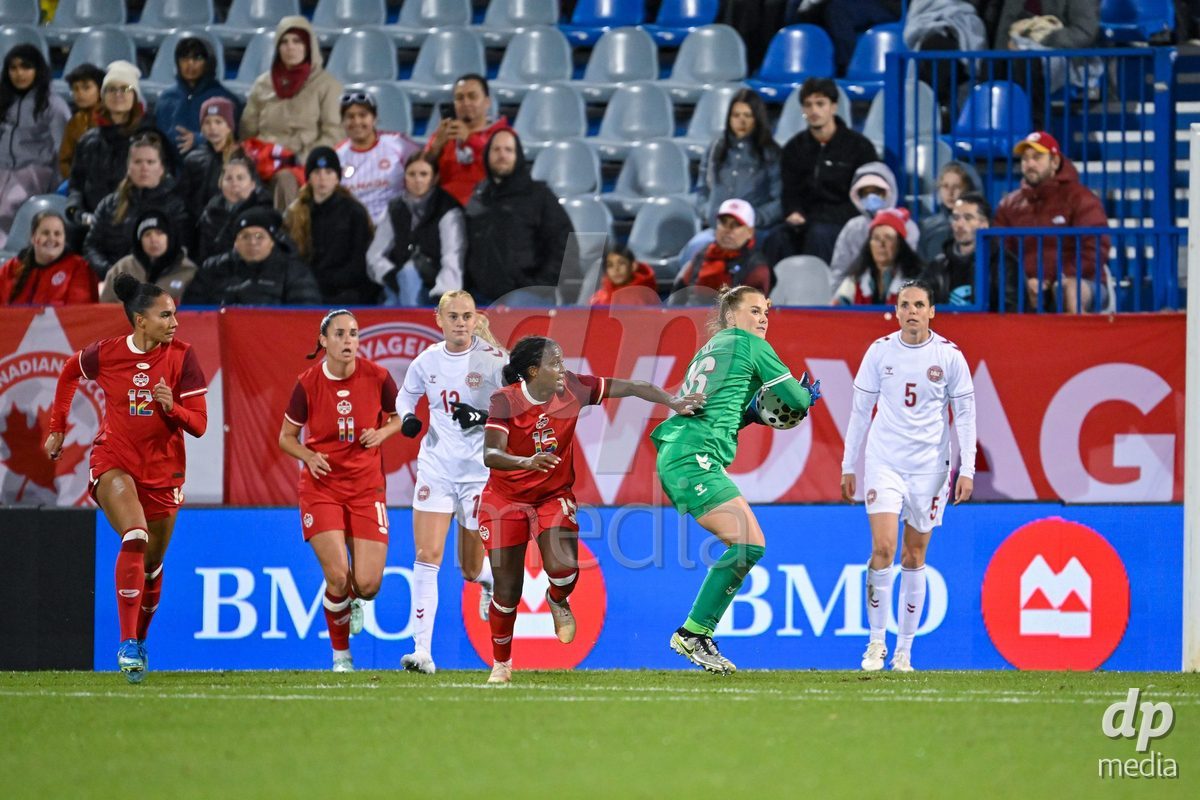 MONTREAL, CANADA - OCTOBER 9: Maja Bay of Denmark with the ball during the International Women's Friendly football match between Canada and Denmark at Stade Saputo on October 9, 2026 in Montreal, Canada.