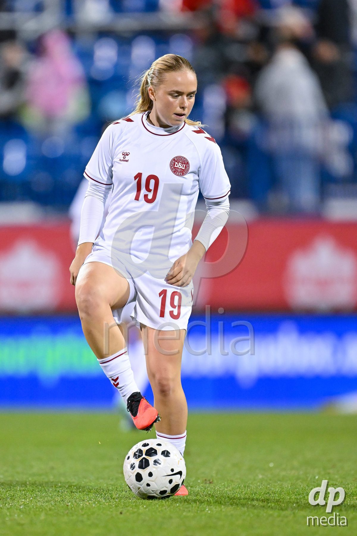 MONTREAL, CANADA - OCTOBER 9: Pernille Sanvig of Denmark controls the ball during the International Women's Friendly football match between Canada and Denmark at Stade Saputo on October 9, 2026 in Montreal, Canada.
