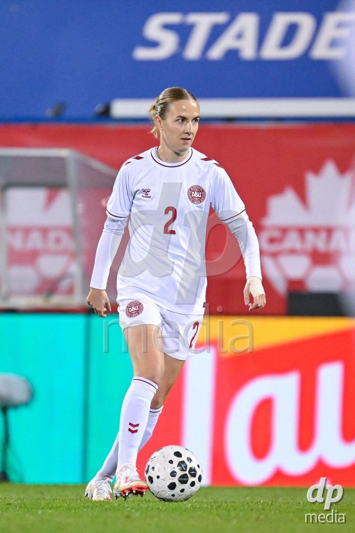 MONTREAL, CANADA - OCTOBER 9: Sara Thrige of Denmark controls the ball during the International Women's Friendly football match between Canada and Denmark at Stade Saputo on October 9, 2026 in Montreal, Canada.
