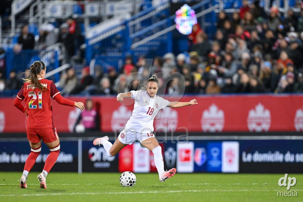 MONTREAL, CANADA - OCTOBER 9: Selma Svendsen of Denmark shoots the ball during the International Women's Friendly football match between Canada and Denmark at Stade Saputo on October 9, 2026 in Montreal, Canada.
