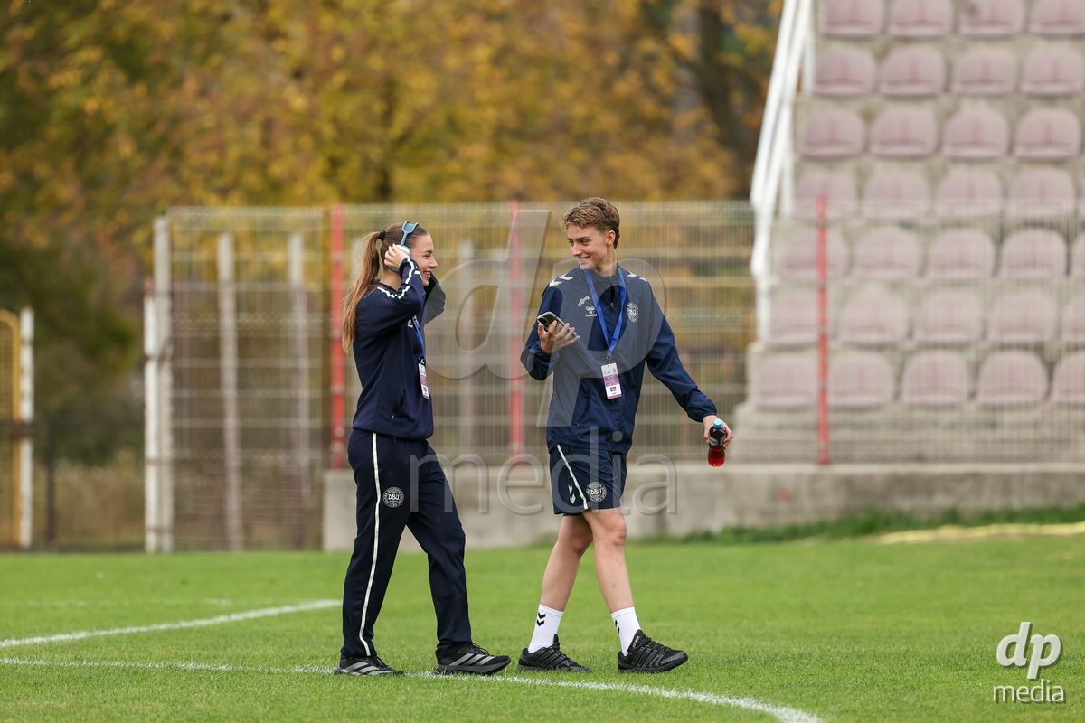 KAKANJ, BOSNIA AND HERZEGOVINA - OCTOBER 10: Isabella Andersen of Denmark and Isabella Damm of Denmark inspects the pitch prior to the UEFA Womens European Under-19 Qualifier match between Denmark and Bosnia and Herzegovina at Mladost Stadium on October 10, 2026 in Kakanj, Bosnia and Herzegovina. Photo: Armin Durgut/Pixsell/DP Media