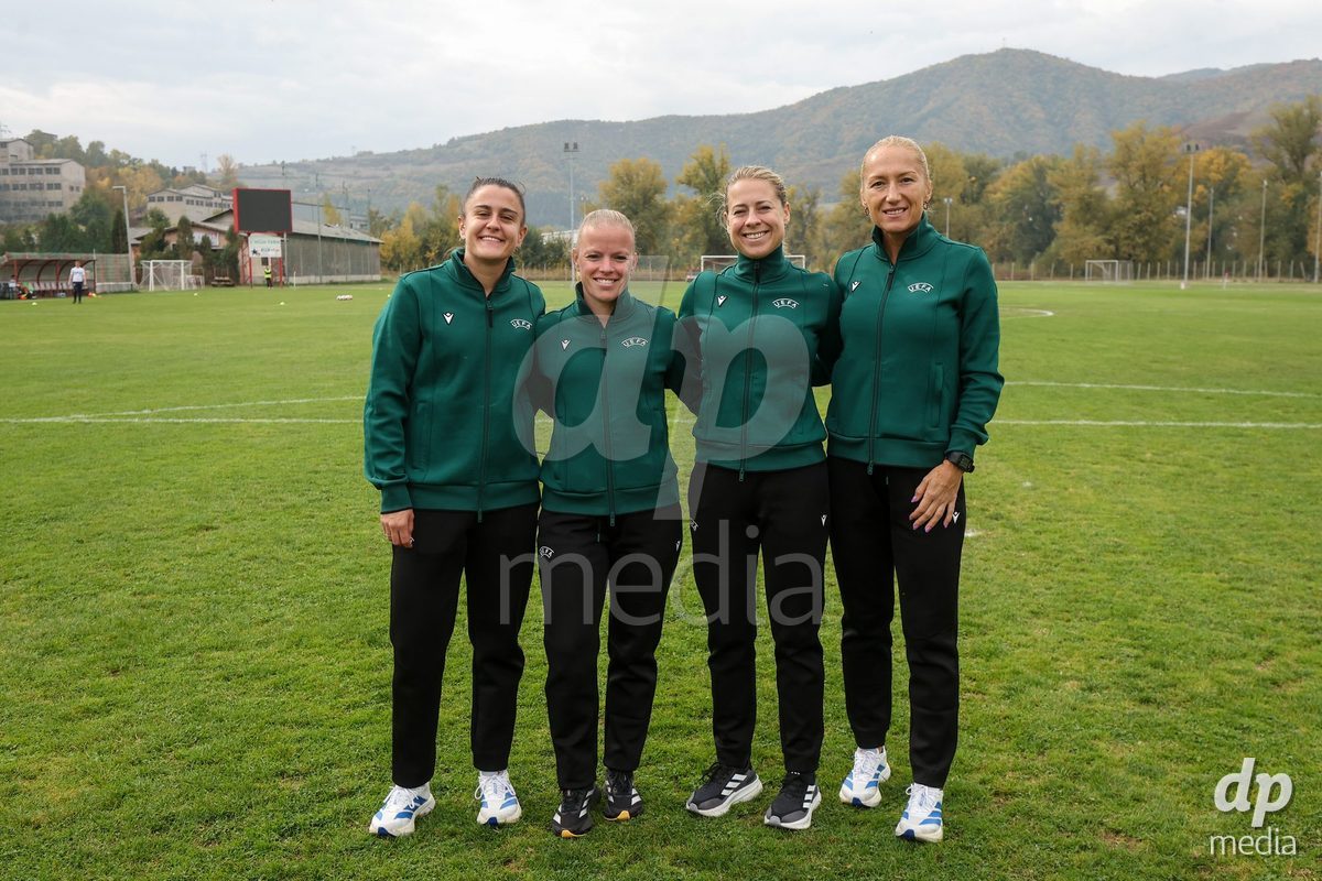 KAKANJ, BOSNIA AND HERZEGOVINA - OCTOBER 10: Referees pose for a photo before the UEFA Womens European Under-19 Qualifier match between Denmark and Bosnia and Herzegovina at Mladost Stadium on October 10, 2026 in Kakanj, Bosnia and Herzegovina. Photo: Armin Durgut/Pixsell/DP Media
