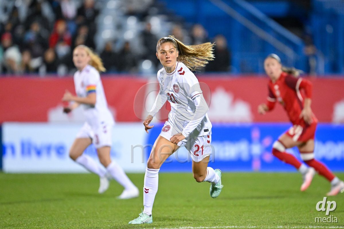 MONTREAL, CANADA - OCTOBER 9: Mille Gejl of Denmark goes forward during the International Women's Friendly football match between Canada and Denmark at Stade Saputo on October 9, 2026 in Montreal, Canada.