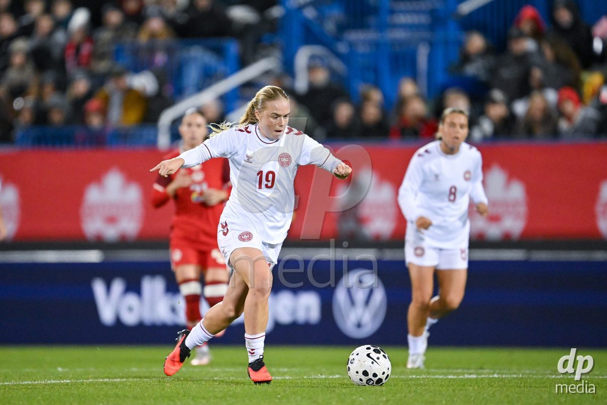 MONTREAL, CANADA - OCTOBER 9: Pernille Sanvig of Denmark controls the ball during the International Women's Friendly football match between Canada and Denmark at Stade Saputo on October 9, 2026 in Montreal, Canada.