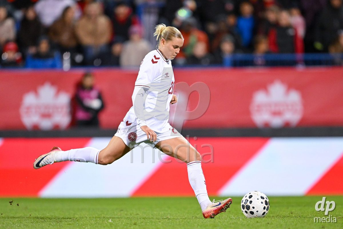 MONTREAL, CANADA - OCTOBER 9: Cornelia Kramer of Denmark shoots the ball during the International Women's Friendly football match between Canada and Denmark at Stade Saputo on October 9, 2026 in Montreal, Canada.