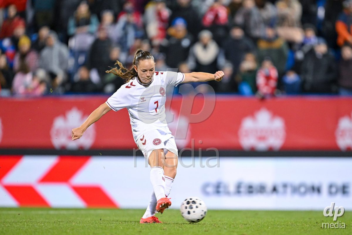 MONTREAL, CANADA - OCTOBER 9: Janni Thomsen of Denmark shoots the ball during a penalty shootout during the International Women's Friendly football match between Canada and Denmark at Stade Saputo on October 9, 2026 in Montreal, Canada.
