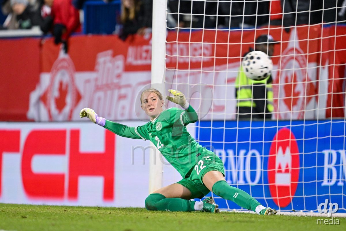 MONTREAL, CANADA - OCTOBER 9: Alberte Vingum of Denmark fails a save during a penalty shootout during the International Women's Friendly football match between Canada and Denmark at Stade Saputo on October 9, 2026 in Montreal, Canada.