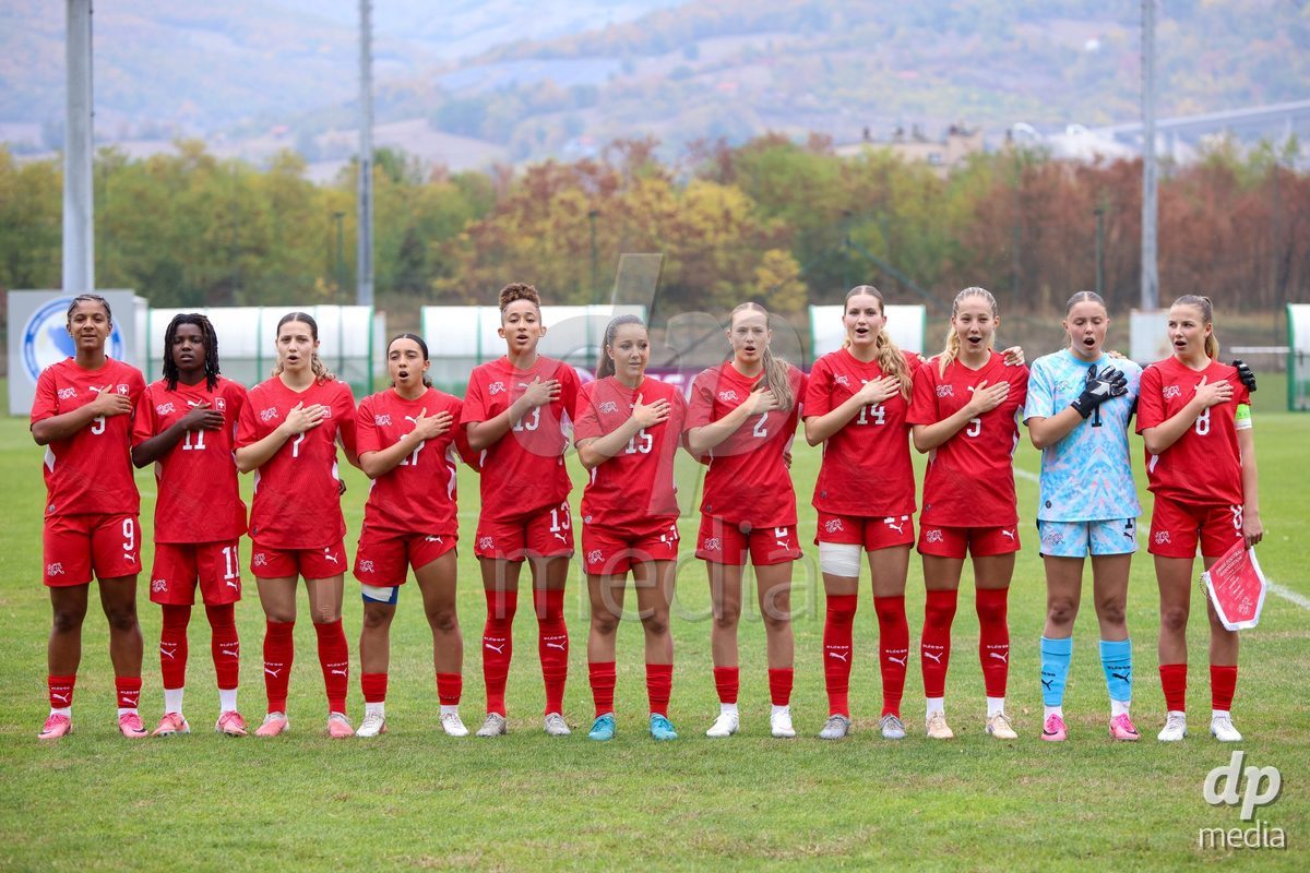 ZENICA, BOSNIA AND HERZEGOVINA - OCTOBER 10: Players of Switzerland line up for national anthems prior to the UEFA Womens European Under-19 Qualifier match between Switzerland and England at FF BH Football Training Centre on October 10, 2026 in Zenica, Bosnia and Herzegovina. Photo: Denis Kapetanovic/Pixsell/DP Media