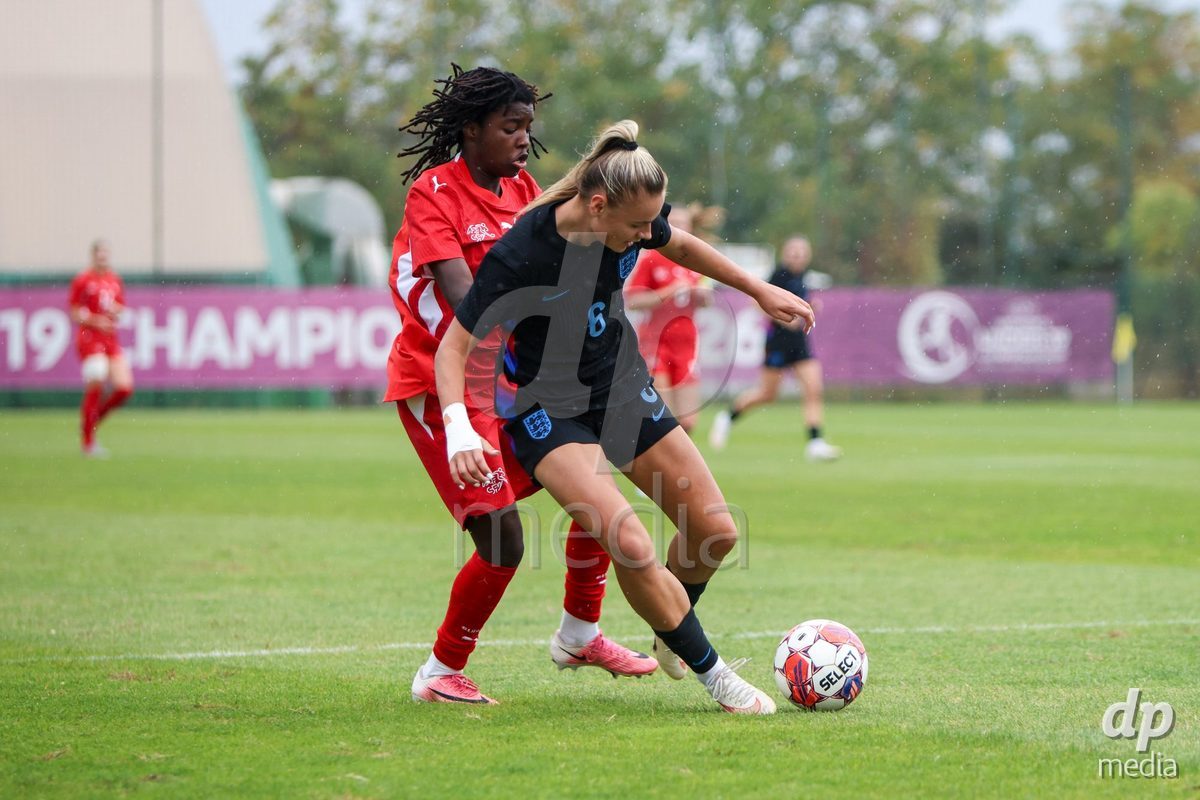 ZENICA, BOSNIA AND HERZEGOVINA - OCTOBER 10: Garance Nein of Switzerland and Zara Bailey of England during the UEFA Womens European Under-19 Qualifier match between Switzerland and England at FF BH Football Training Centre on October 10, 2026 in Zenica, Bosnia and Herzegovina. Photo: Denis Kapetanovic/Pixsell/DP Media