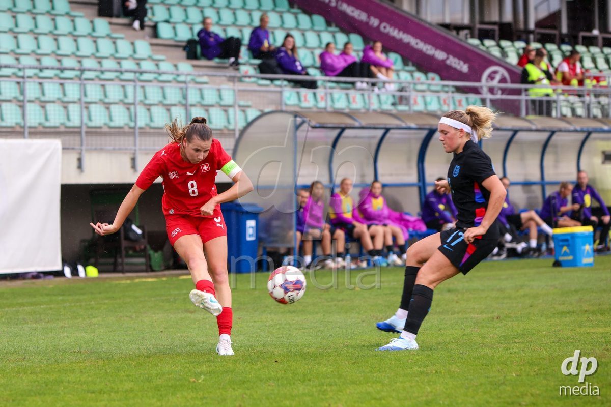 ZENICA, BOSNIA AND HERZEGOVINA - OCTOBER 10: Giulia Looser of Switzerland and Isabel Hebard of England during the UEFA Womens European Under-19 Qualifier match between Switzerland and England at FF BH Football Training Centre on October 10, 2026 in Zenica, Bosnia and Herzegovina. Photo: Denis Kapetanovic/Pixsell/DP Media