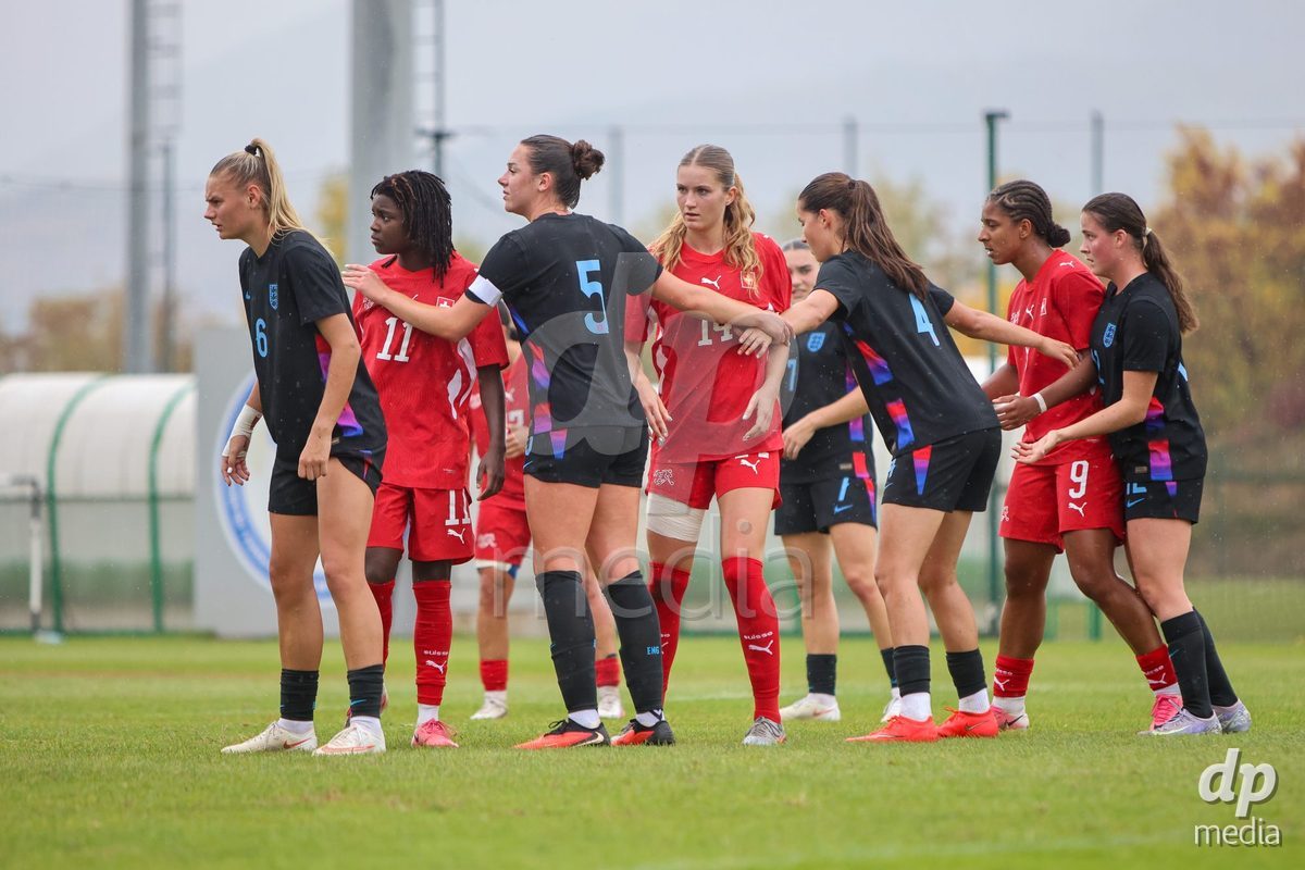 ZENICA, BOSNIA AND HERZEGOVINA - OCTOBER 10: Zara Bailey of England, Garance Nein of Switzerland, Niamh Peacock of England, Valentina Gerlof of Switzerland, Romia Gagliano of England, Tiffany Vonnez of Switzerland and Elise Christian of England during the UEFA Womens European Under-19 Qualifier match between Switzerland and England at FF BH Football Training Centre on October 10, 2026 in Zenica, Bosnia and Herzegovina. Photo: Denis Kapetanovic/Pixsell/DP Media