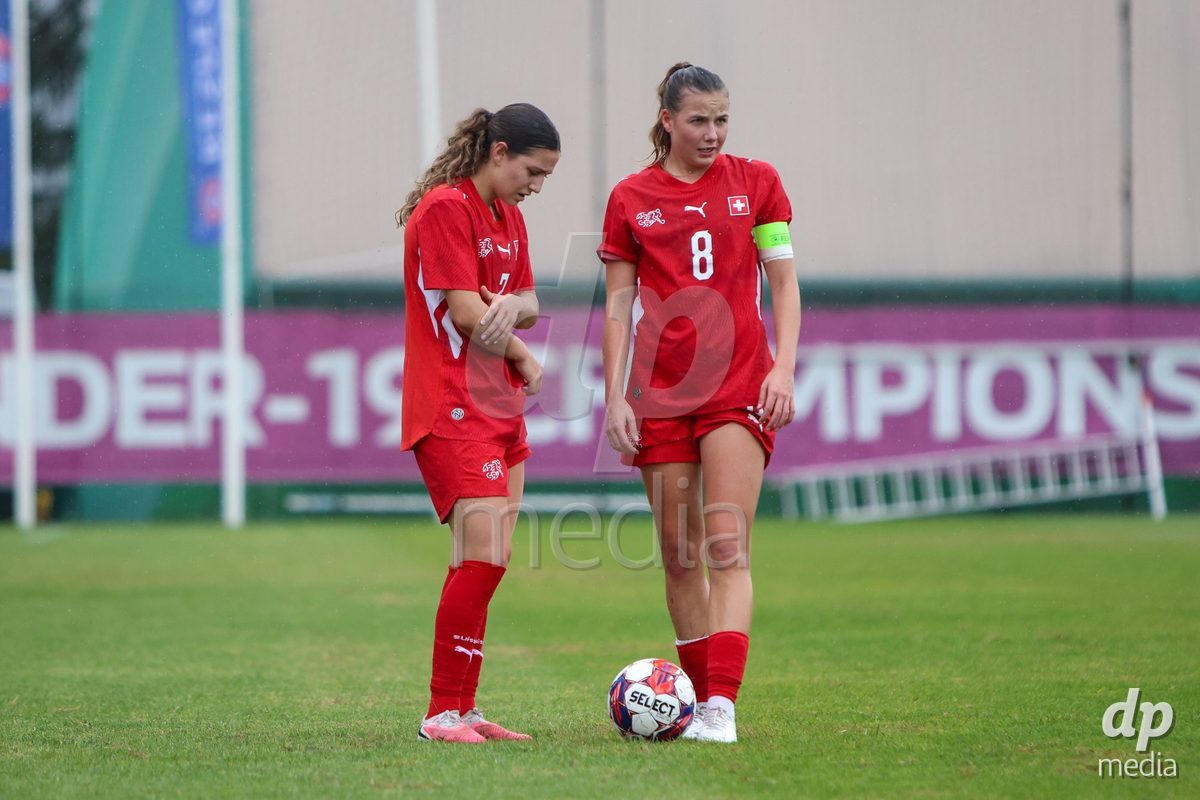 ZENICA, BOSNIA AND HERZEGOVINA - OCTOBER 10: Ramona Schallberger of Switzerland and Giulia Looser of Switzerland during the UEFA Womens European Under-19 Qualifier match between Switzerland and England at FF BH Football Training Centre on October 10, 2026 in Zenica, Bosnia and Herzegovina. Photo: Denis Kapetanovic/Pixsell/DP Media