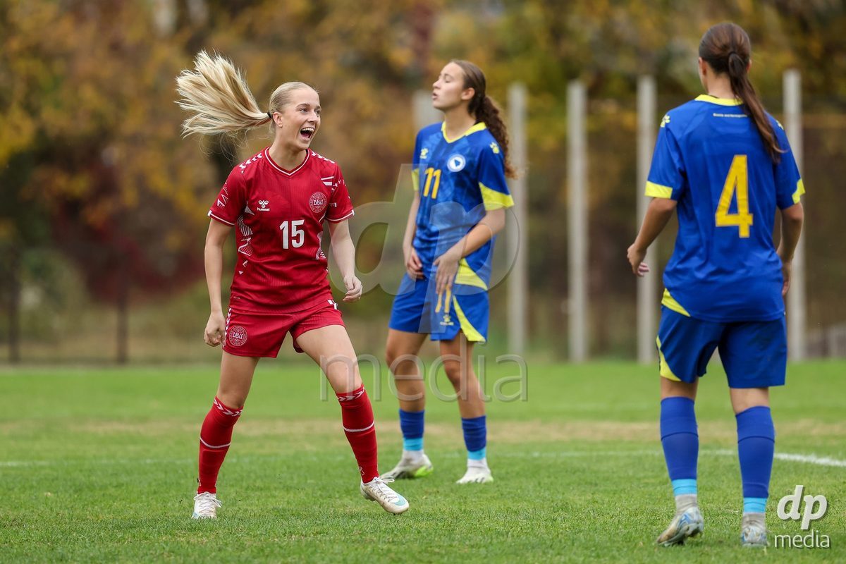 KAKANJ, BOSNIA AND HERZEGOVINA - OCTOBER 10: Frederikke Ludvigsen of Denmark celebrate after scoring a goal during the UEFA Womens European Under-19 Qualifier match between Denmark and Bosnia and Herzegovina at Mladost Stadium on October 10, 2026 in Kakanj, Bosnia and Herzegovina. Photo: Armin Durgut/Pixsell/DP Media