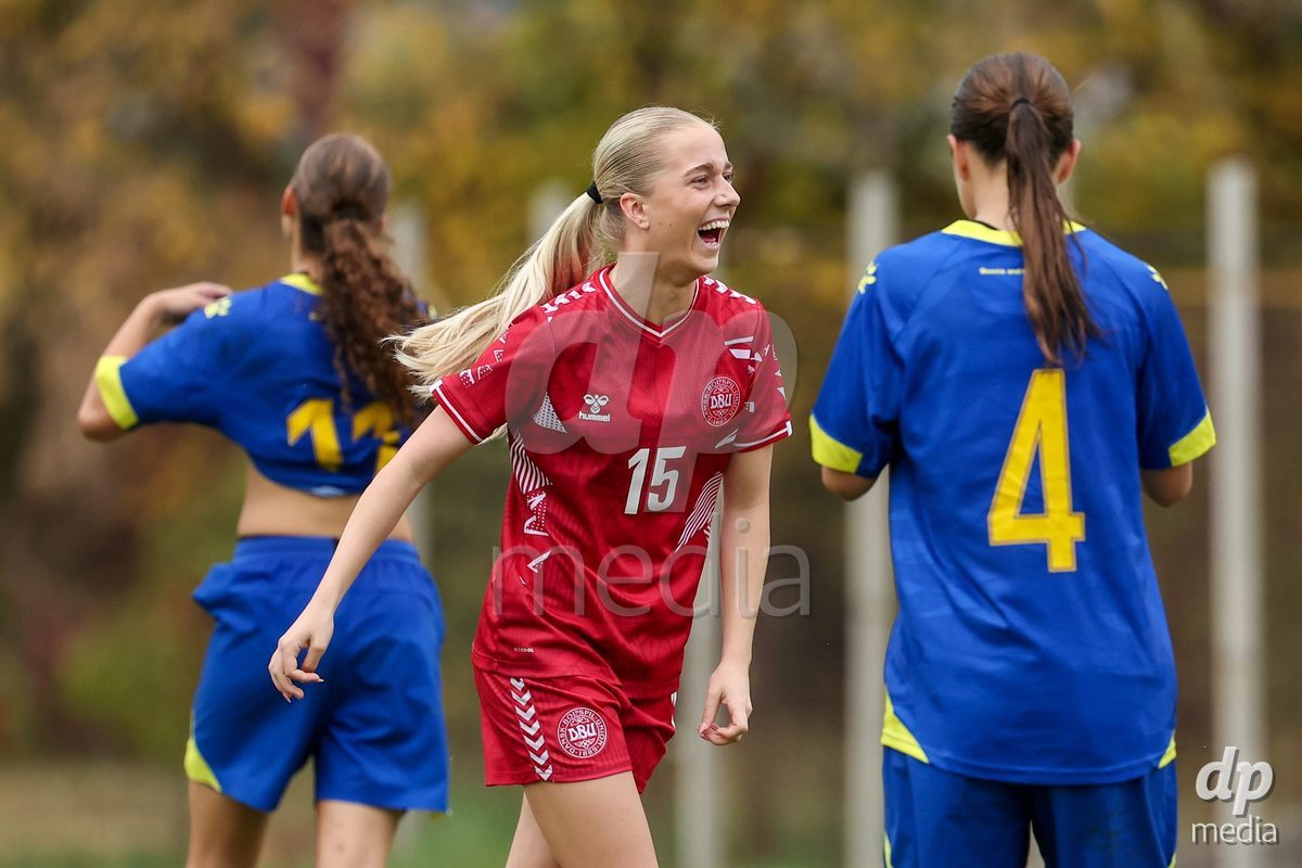 KAKANJ, BOSNIA AND HERZEGOVINA - OCTOBER 10: Frederikke Ludvigsen of Denmark celebrate after scoring a goal during the UEFA Womens European Under-19 Qualifier match between Denmark and Bosnia and Herzegovina at Mladost Stadium on October 10, 2026 in Kakanj, Bosnia and Herzegovina. Photo: Armin Durgut/Pixsell/DP Media