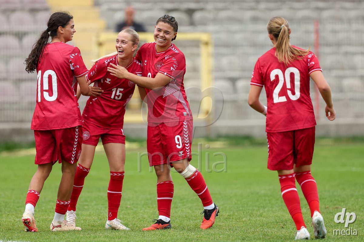KAKANJ, BOSNIA AND HERZEGOVINA - OCTOBER 10: Mila Bischoff of Denmark, Frederikke Ludvigsen of Denmark and Thea Petersen of Denmark celebrate after scoring a goal during the UEFA Womens European Under-19 Qualifier match between Denmark and Bosnia and Herzegovina at Mladost Stadium on October 10, 2026 in Kakanj, Bosnia and Herzegovina. Photo: Armin Durgut/Pixsell/DP Media