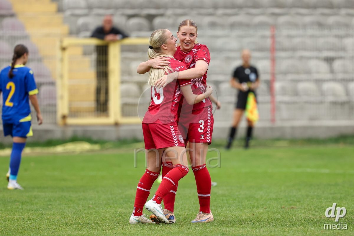 KAKANJ, BOSNIA AND HERZEGOVINA - OCTOBER 10: Frederikke Ludvigsen of Denmark and Asta Kynde of Denmark celebrate after scoring a goal during the UEFA Womens European Under-19 Qualifier match between Denmark and Bosnia and Herzegovina at Mladost Stadium on October 10, 2026 in Kakanj, Bosnia and Herzegovina. Photo: Armin Durgut/Pixsell/DP Media