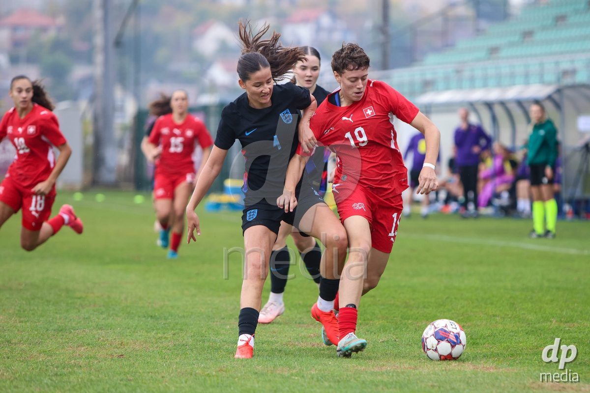 ZENICA, BOSNIA AND HERZEGOVINA - OCTOBER 10: Romia Gagliano of England and Lynn Leutwyler of Switzerland during the UEFA Womens European Under-19 Qualifier match between Switzerland and England at FF BH Football Training Centre on October 10, 2026 in Zenica, Bosnia and Herzegovina. Photo: Denis Kapetanovic/Pixsell/DP Media
