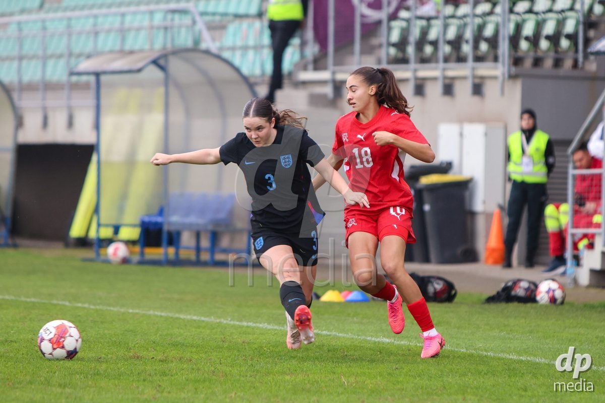 ZENICA, BOSNIA AND HERZEGOVINA - OCTOBER 10: Katie Scott of England and Olivia Edelmann of Switzerland during the UEFA Womens European Under-19 Qualifier match between Switzerland and England at FF BH Football Training Centre on October 10, 2026 in Zenica, Bosnia and Herzegovina. Photo: Denis Kapetanovic/Pixsell/DP Media