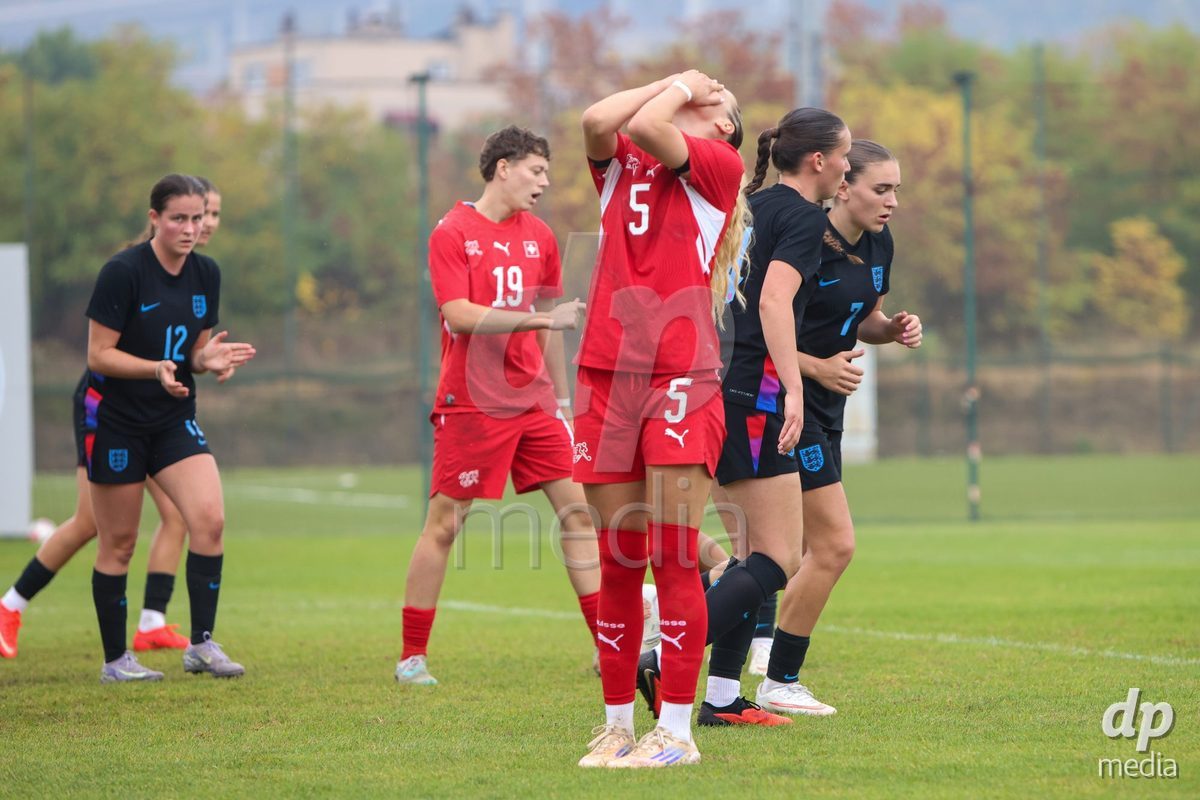 ZENICA, BOSNIA AND HERZEGOVINA - OCTOBER 10: Johanna Thüer of Switzerland reacts during the UEFA Womens European Under-19 Qualifier match between Switzerland and England at FF BH Football Training Centre on October 10, 2026 in Zenica, Bosnia and Herzegovina. Photo: Denis Kapetanovic/Pixsell/DP Media