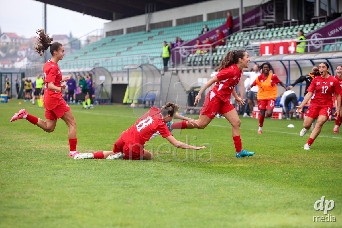 ZENICA, BOSNIA AND HERZEGOVINA - OCTOBER 10: Players of Switzerland celebrate after scoring a goal during the UEFA Womens European Under-19 Qualifier match between Switzerland and England at FF BH Football Training Centre on October 10, 2026 in Zenica, Bosnia and Herzegovina. Photo: Denis Kapetanovic/Pixsell/DP Media