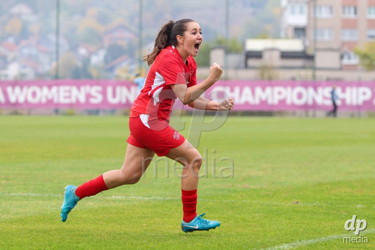 ZENICA, BOSNIA AND HERZEGOVINA - OCTOBER 10: Laura Kott of Switzerland celebrate after scoring a goal during the UEFA Womens European Under-19 Qualifier match between Switzerland and England at FF BH Football Training Centre on October 10, 2026 in Zenica, Bosnia and Herzegovina. Photo: Denis Kapetanovic/Pixsell/DP Media