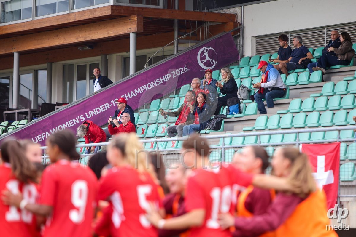 ZENICA, BOSNIA AND HERZEGOVINA - OCTOBER 10: Fans of Switzerland during the UEFA Womens European Under-19 Qualifier match between Switzerland and England at FF BH Football Training Centre on October 10, 2026 in Zenica, Bosnia and Herzegovina. Photo: Denis Kapetanovic/Pixsell/DP Media