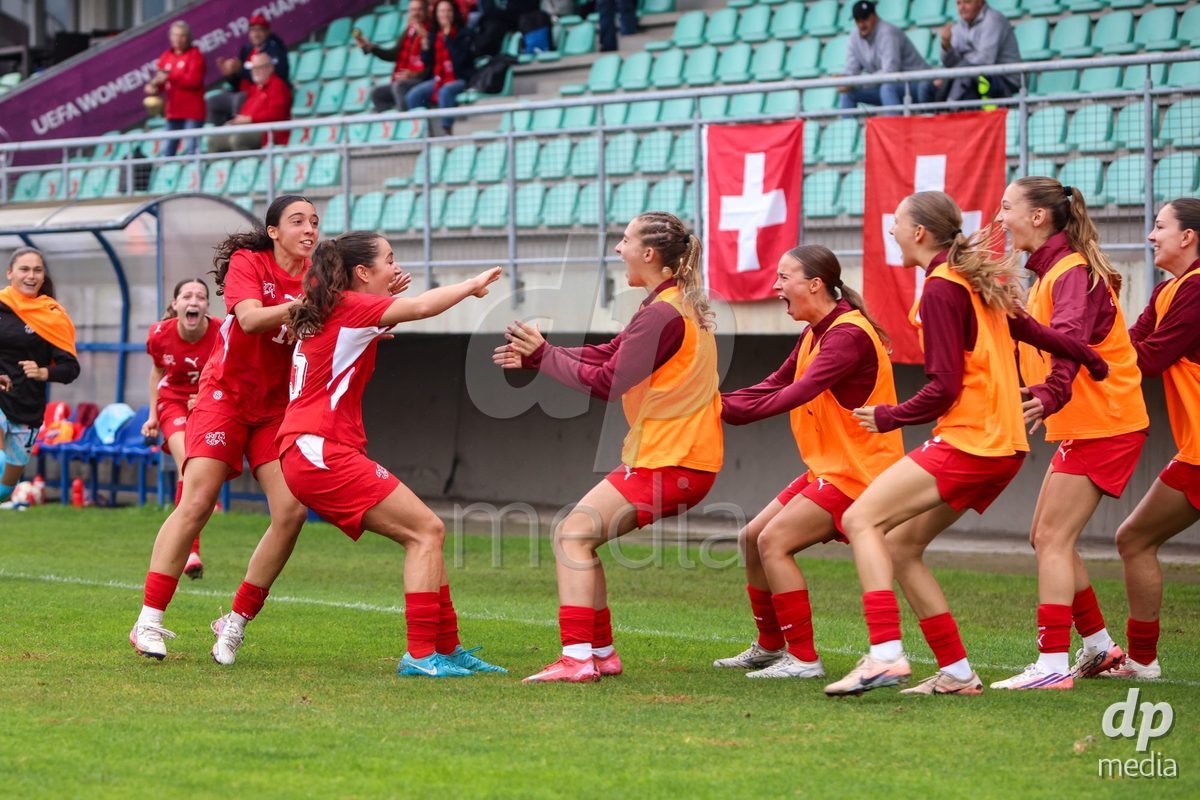 ZENICA, BOSNIA AND HERZEGOVINA - OCTOBER 10: Players of Switzerland celebrate after scoring a goal during the UEFA Womens European Under-19 Qualifier match between Switzerland and England at FF BH Football Training Centre on October 10, 2026 in Zenica, Bosnia and Herzegovina. Photo: Denis Kapetanovic/Pixsell/DP Media