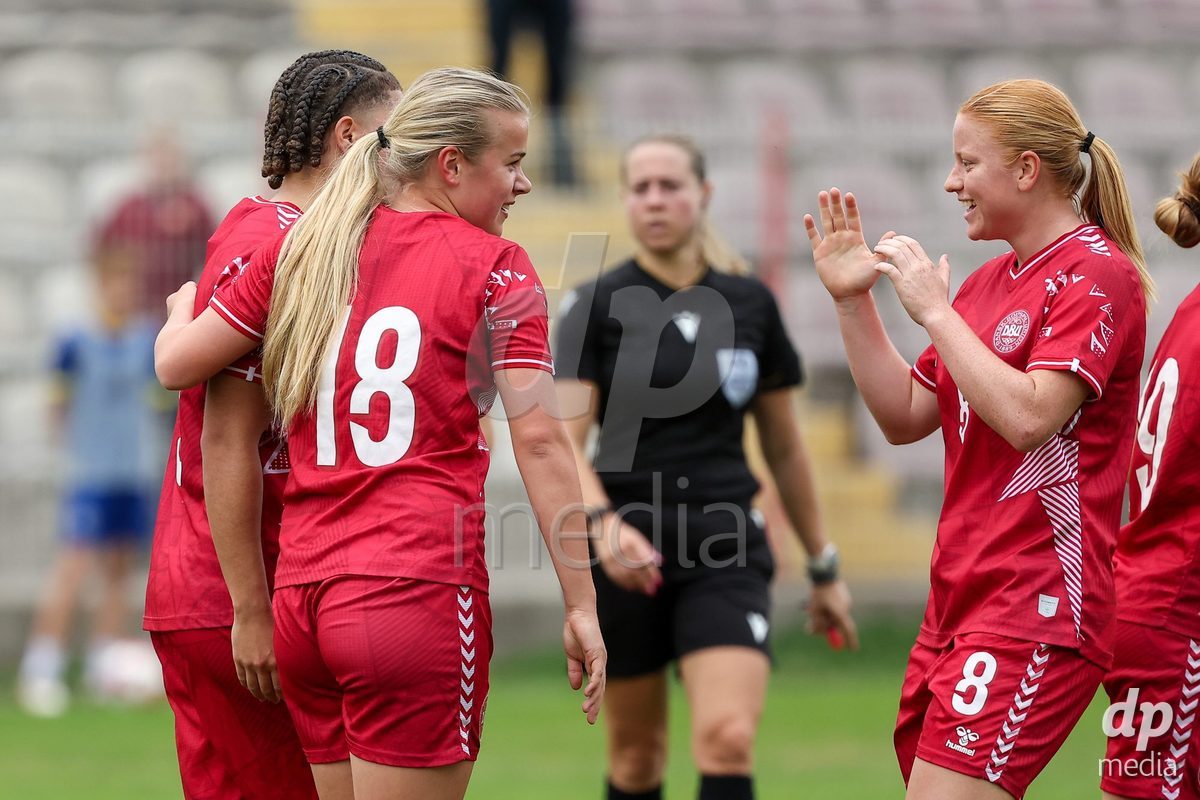 KAKANJ, BOSNIA AND HERZEGOVINA - OCTOBER 10: Frøya Stubgaard Ebbesvik of Denmark and Alberte Mott of Denmark celebrate after scoring a goal during the UEFA Womens European Under-19 Qualifier match between Denmark and Bosnia and Herzegovina at Mladost Stadium on October 10, 2026 in Kakanj, Bosnia and Herzegovina. Photo: Armin Durgut/Pixsell/DP Media