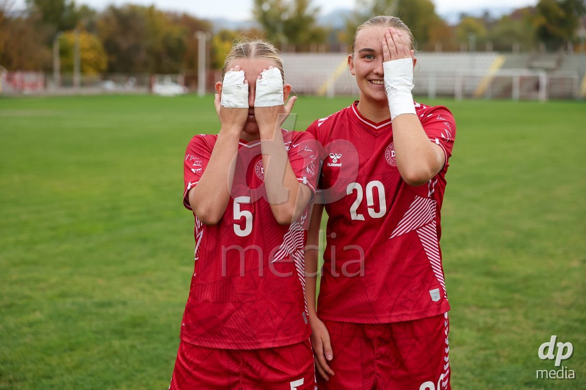 KAKANJ, BOSNIA AND HERZEGOVINA - OCTOBER 10: Astrid Engsig-Karup of Denmark and Nikoline Nielsen of Denmark during the UEFA Womens European Under-19 Qualifier match between Denmark and Bosnia and Herzegovina at Mladost Stadium on October 10, 2026 in Kakanj, Bosnia and Herzegovina. Photo: Armin Durgut/Pixsell/DP Media