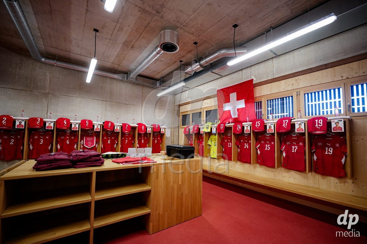 SCHAAN, LIECHTENSTEIN - OCTOBER 12: General view inside the locker room of Switzerland prior to the UEFA European Under-17 Qualifier match between Israel and Switzerland at LFV Campus Rheinwiese on October 12, 2026 in Schaan, Liechtenstein.