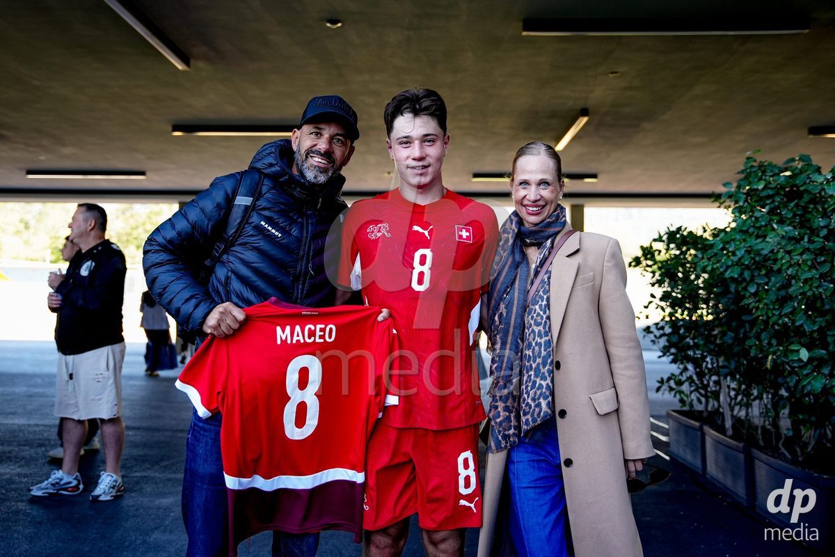 SCHAAN, LIECHTENSTEIN - OCTOBER 12: Leandro Cottiati of Switzerland with fans after the UEFA European Under-17 Qualifier match between Israel and Switzerland at LFV Campus Rheinwiese on October 12, 2026 in Schaan, Liechtenstein.